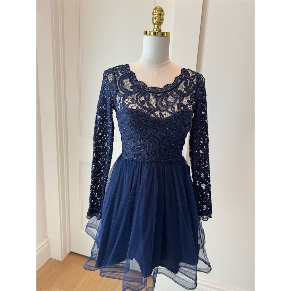My Michelle Dress Womens Size 1 Navy Blue Lace Fit & Flare Open Back